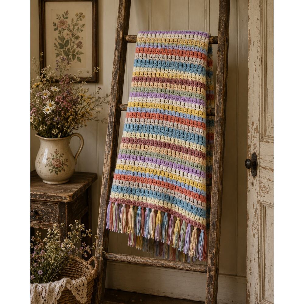 Handmade Rainbow Crochet Afghan Throw Blanket With Fringe Pastel Cottagecore